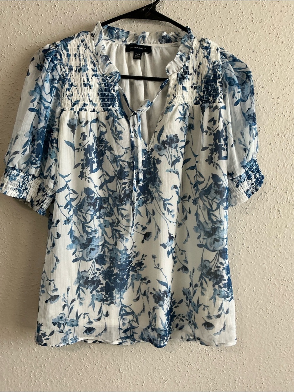 Smocked Yoke Floral Tie-Neck Blouse - White/Blue - Picture 1 of 3